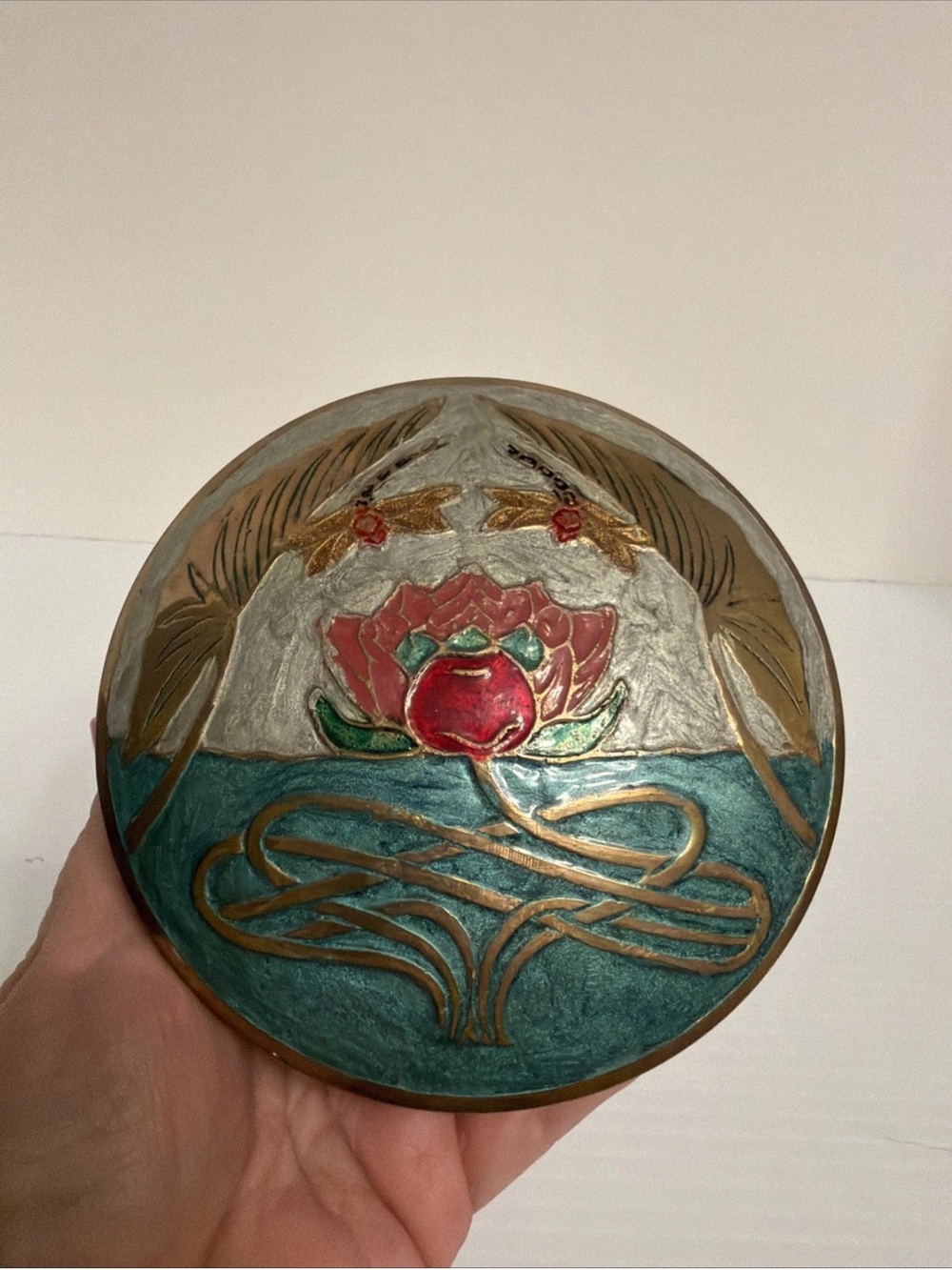 Brass & Enamel Trinket Box Lotus Flower Dragonfly Boho Vintage